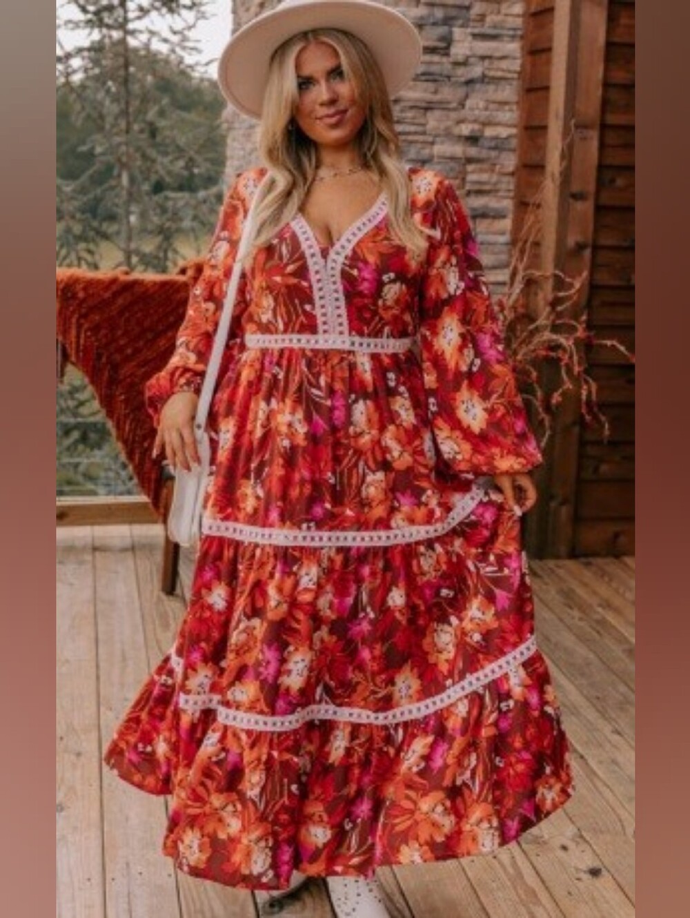 Western Boho Orange Rust Floral White Crochet Lace Tiered Maxi Garden Dress